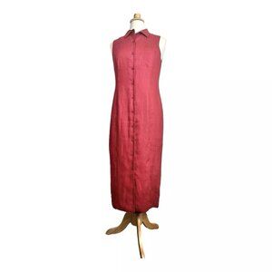 Talbots Irish Linen Maxi Dress 10 P Petites Red Button Front Collar Lined
